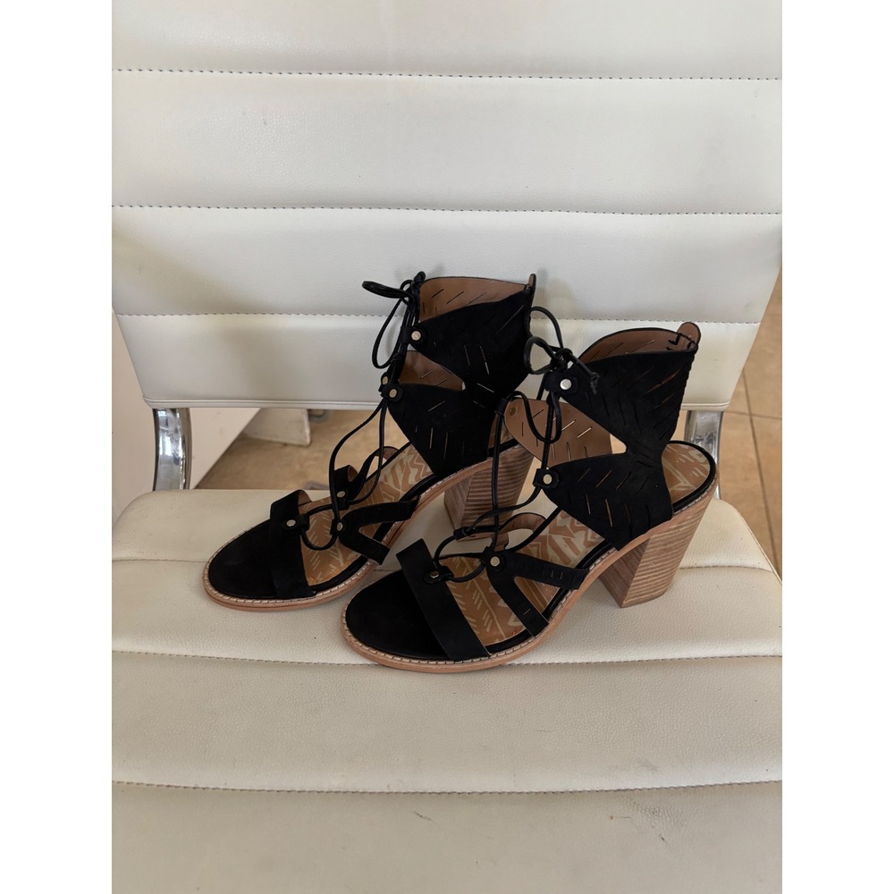 Dolce Vita Black Suede Lace Up Gladiator Block Heel Sandals Laser Cut Geometric